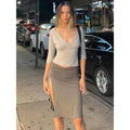 European and american style women's summer  new collection: edgy & chic v-neck long sleeve top with slit midi skirt set