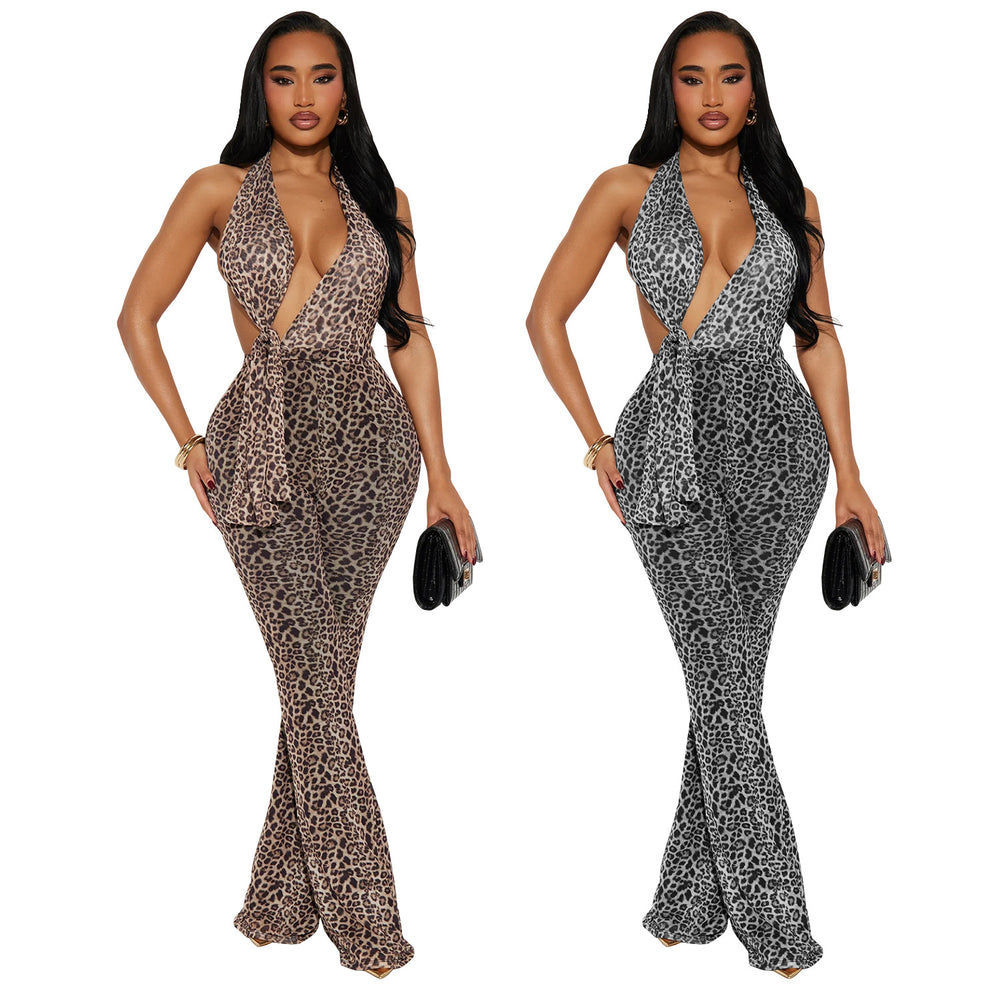 C7495 cross-border   fashion women's sexy leopard print halter neck sleeveless jumpsuit