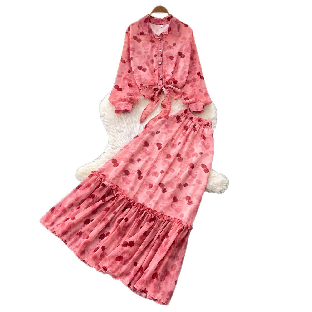 French romantic pink floral print blouse and midi skirt two-piece set - women's autumn commute outfit with tie waist, slimming and elegant