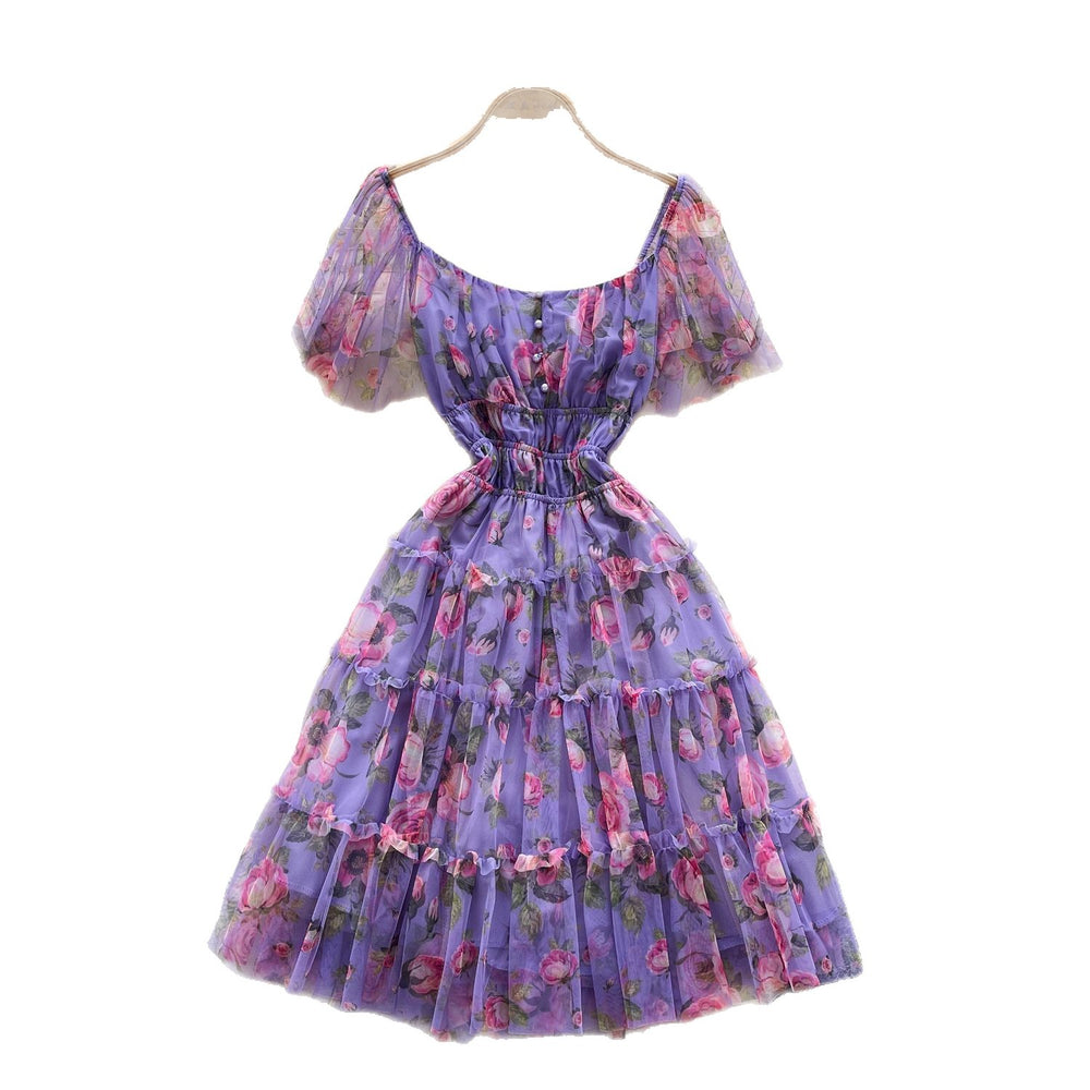 Dopamine dress: square neck, bubble sleeves, floral print, summer mesh overlay with ruffle trim - sweet & stunning