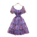 Dopamine dress: square neck, bubble sleeves, floral print, summer mesh overlay with ruffle trim - sweet & stunning