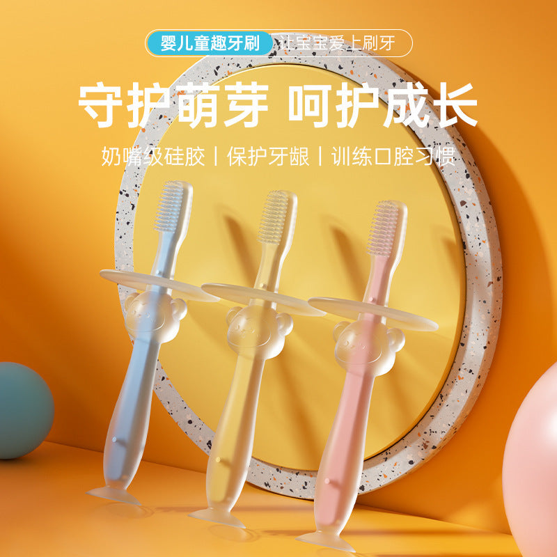 Baby training silicone three-dimensional baby teeth brush standing suction cup toothbrush silicone tongue coating soft bristle brush baffle safety brush