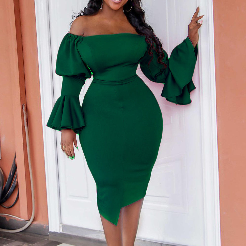 D3090plus size women's clothing   spring and summer bell sleeves hip-hugging tight fashion european and american dress