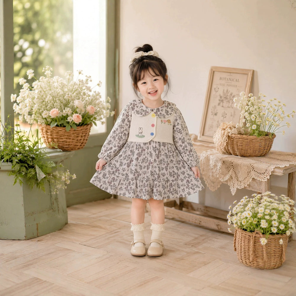 new girls' floral sundress with cute bunny and mushroom embroidery, vest, and peter pan collar