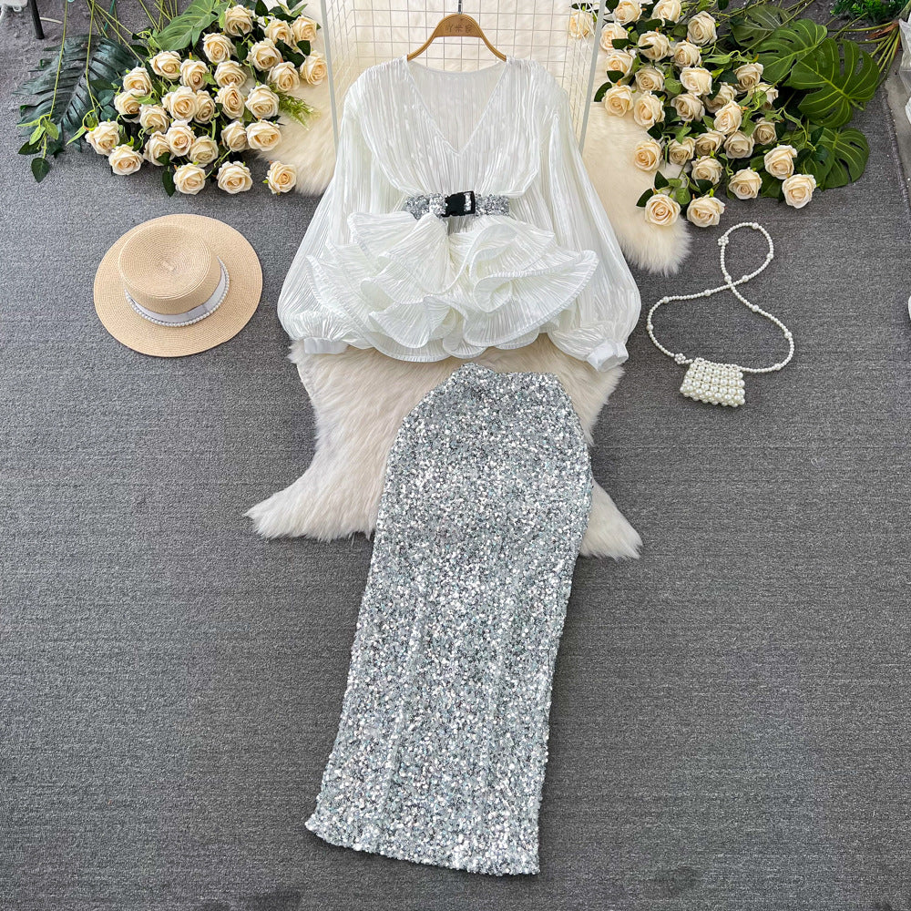 Fashionsuit female socialite elegant lantern long sleevesv neck lotus leaf swing bright shirt female high waistsequin skirt