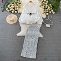 Fashionsuit female socialite elegant lantern long sleevesv neck lotus leaf swing bright shirt female high waistsequin skirt