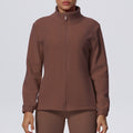 New women's solid color fleece-lined pocket stand collar zip-up casual sports jacket for running, fitness, and yoga
