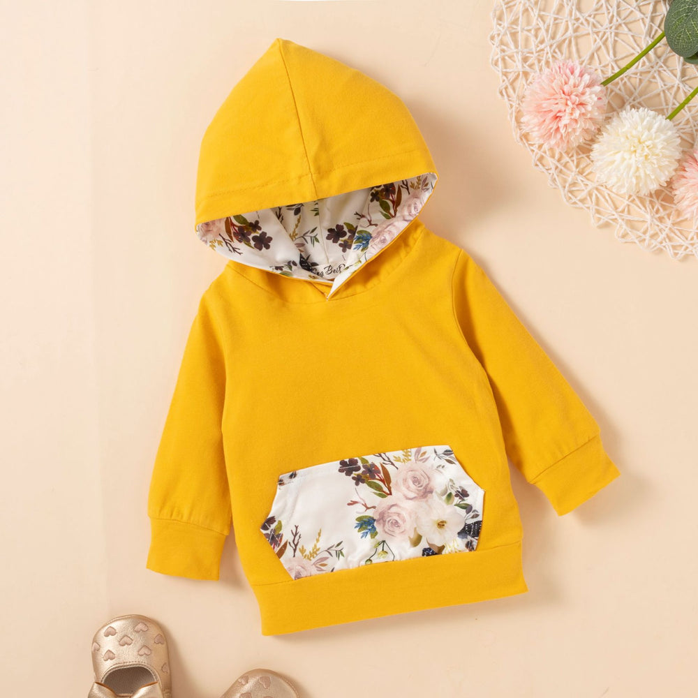 European and american style cross-border autumn/winter girls' hooded color block pocket long sleeve sweatshirt and floral print pants set for toddlers and young children