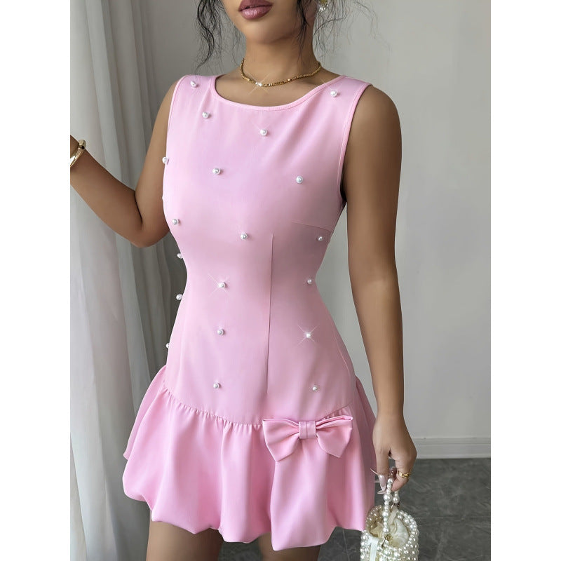 Women's spring/summer new french chic pearl-embellished bow detail round neck fitted sleeveless mini dress
