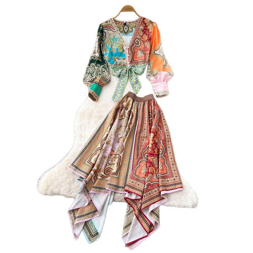 Vacation style printingtwo-piece set women's autumv neck three-quarter sleeve topsasymmetrical skirtelegantsuit