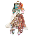 Vacation style printingtwo-piece set women's autumv neck three-quarter sleeve topsasymmetrical skirtelegantsuit