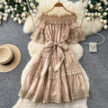 French romantic one-shoulder lace patchwork dress - women's summer short sleeve red slim-fit elegant maxi dress