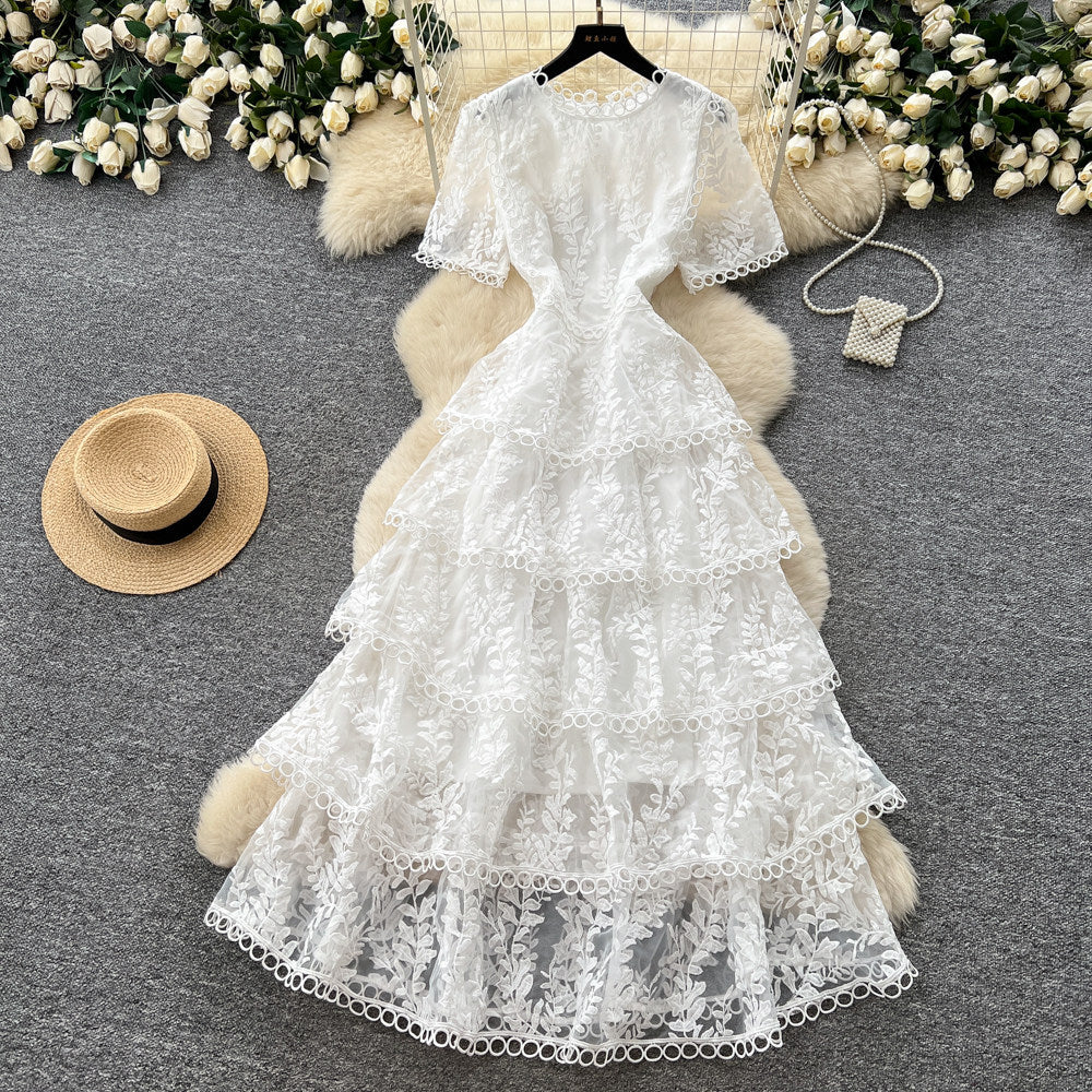 French sweet style pink lace dress women's summer korean high waist cake dress socialite elegant long dress