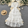 French sweet style pink lace dress women's summer korean high waist cake dress socialite elegant long dress
