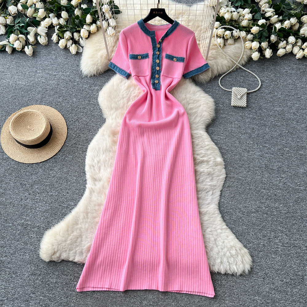 French chic knitted dress - women's summer short sleeve korean style metallic buckle slim fit retro maxi dress