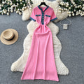 French chic knitted dress - women's summer short sleeve korean style metallic buckle slim fit retro maxi dress