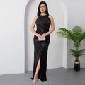C7356 cross-border   fashion women's sequin textured slit evening gown dress