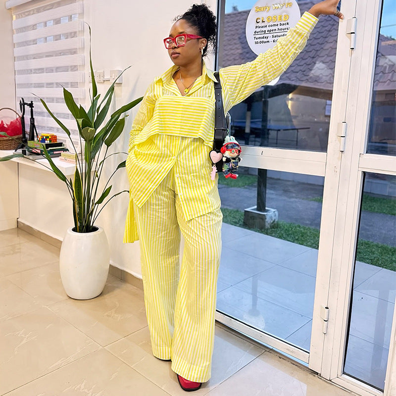 European and american cross-border women's fashion:  autumn/winter new collection - stylish striped long-sleeve shirt and wide-leg pants set