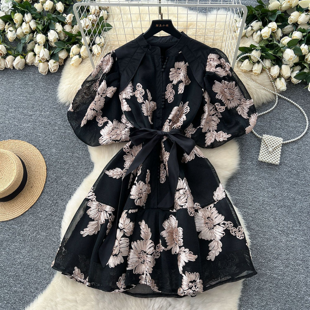 French retro court style heavy embroidery lantern sleeve cinched waist dress - women's summer high-end slimming a-line dress