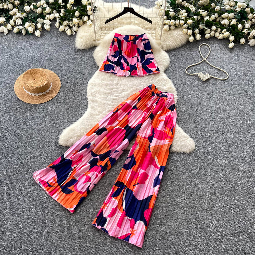 Summer commute style bandeau top & printed casual pants two-piece set - women's high-waisted wide-leg trousers - perfect for summer strolls