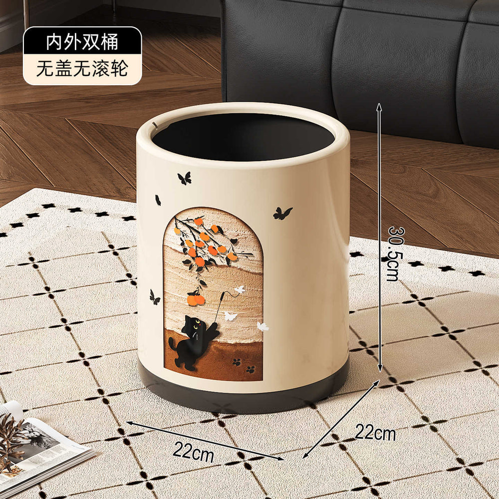 Retroins style little black cat printing trash can with pulleys for home high-looking living room kitchen large garbage basket