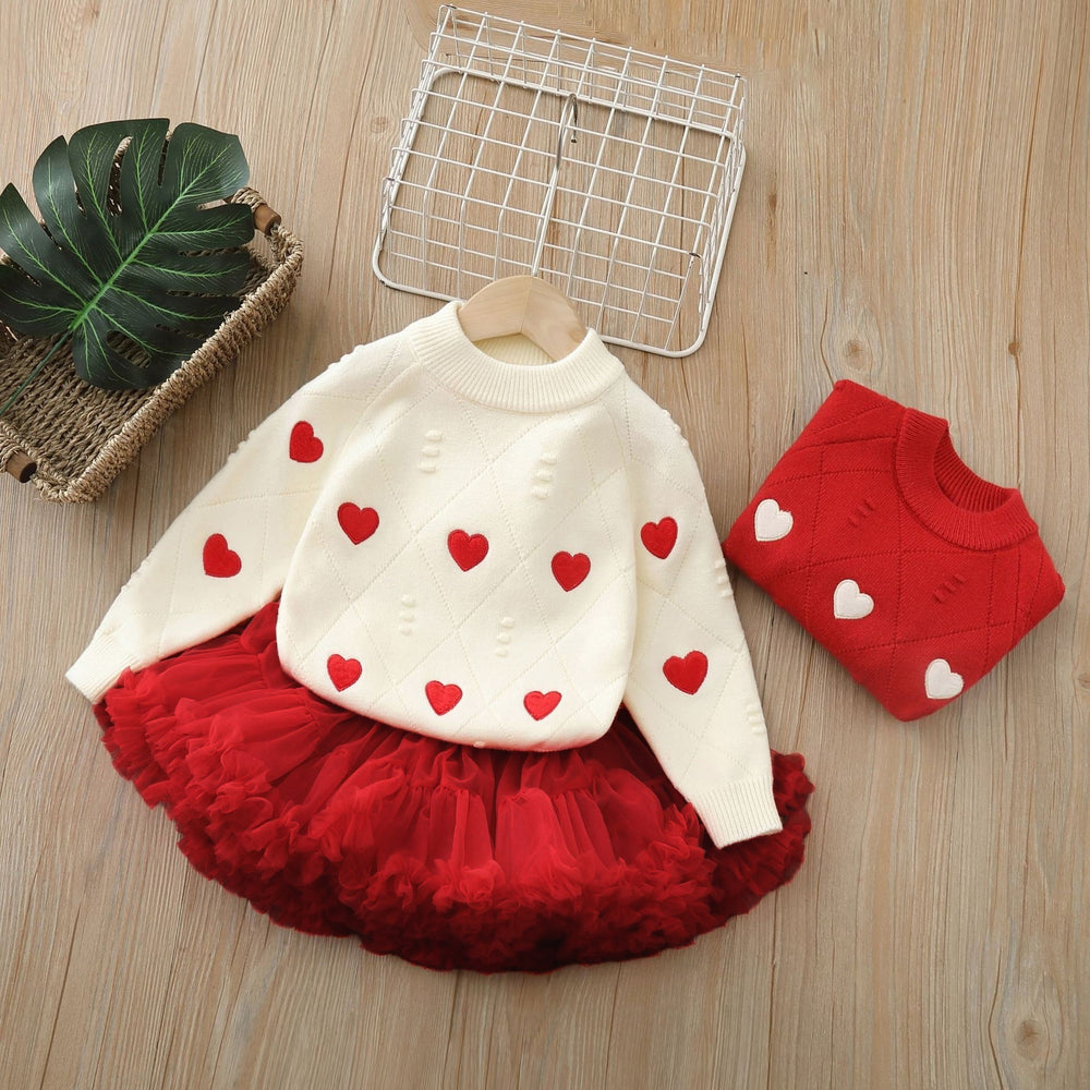 Girls' sweater new autumn and winter heart embroidery knit pullover top baby girl festive warm base layer set