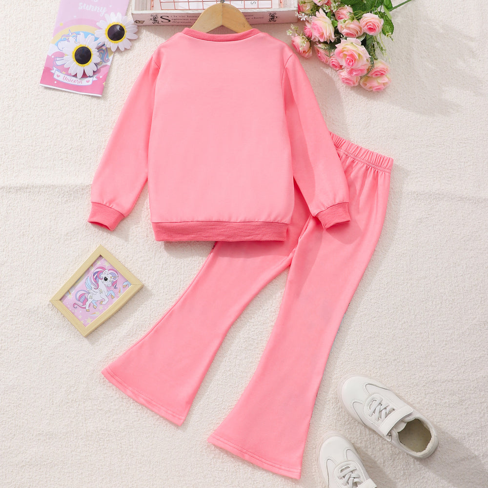 Children's long sleeves round neck unicorn tops and micro-flare pants suit