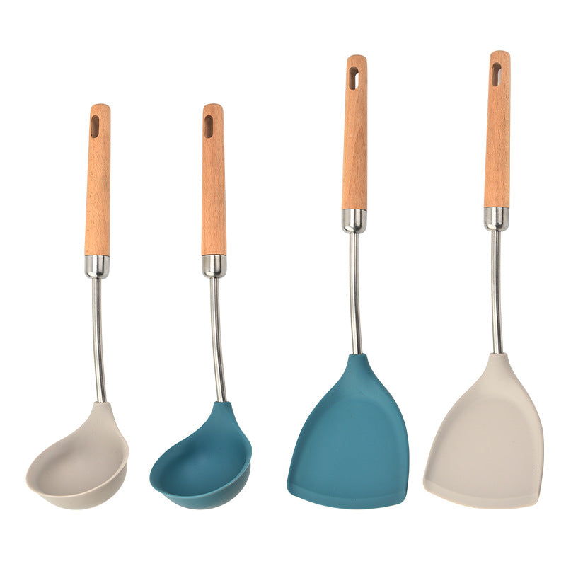 Food grade 304 stainless steel pipe handle cooking shovel household beech handle spoon shovel non-stick pan silicone kitchenware