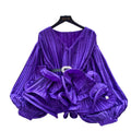 Accessible luxury socialitesatin pleated long sleevesshirt women's ruffles lantern sleeveselegantlooseniche stylesense of designtops