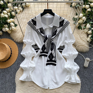 French lazy style white lantern sleeve shirt women's work clothing ribbon bowseleganttopsniche style palace shirt