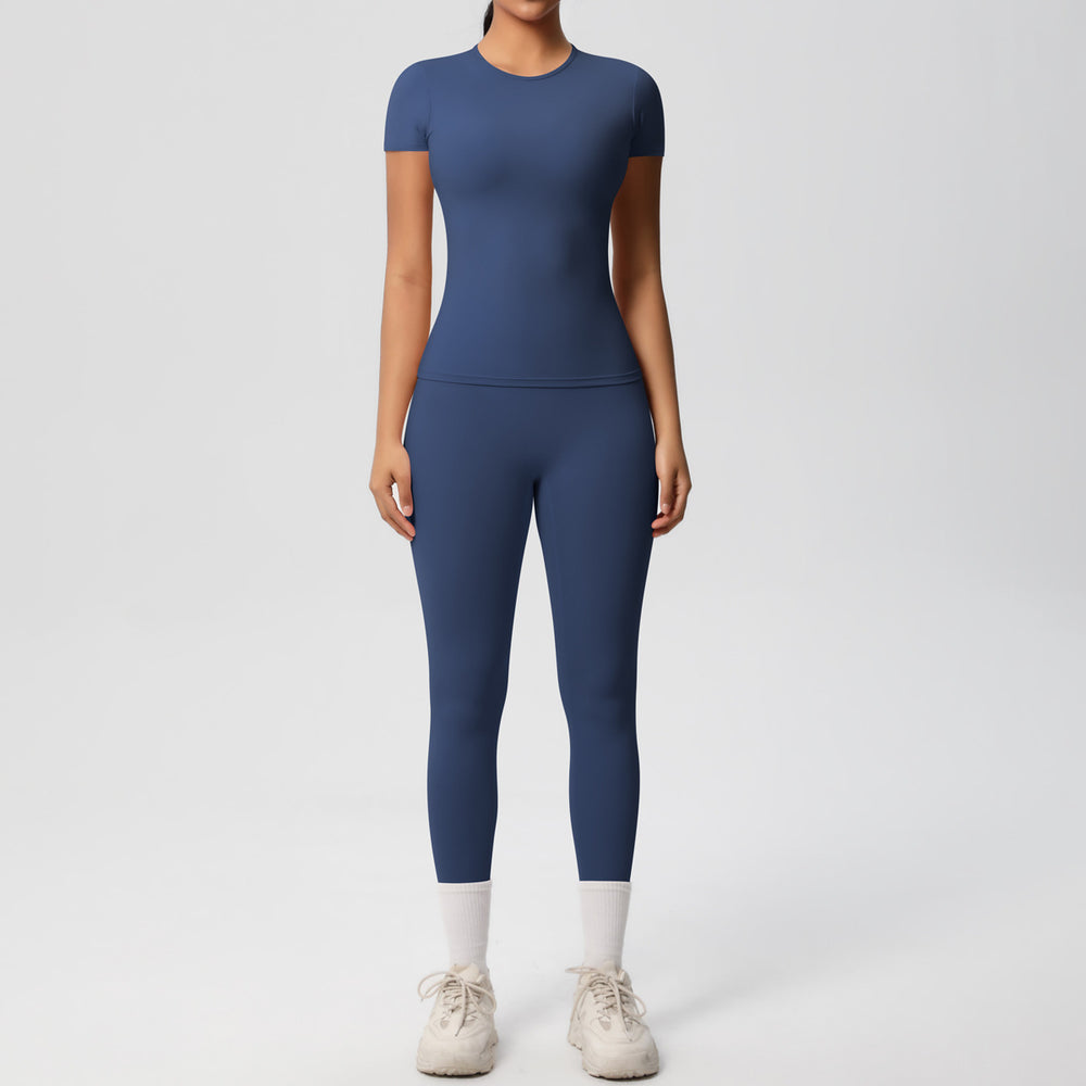 Ready-to-ship, solid color, double-sided brushed, breathable, form-fitting, two-piece activewear set for fitness, running, and yoga