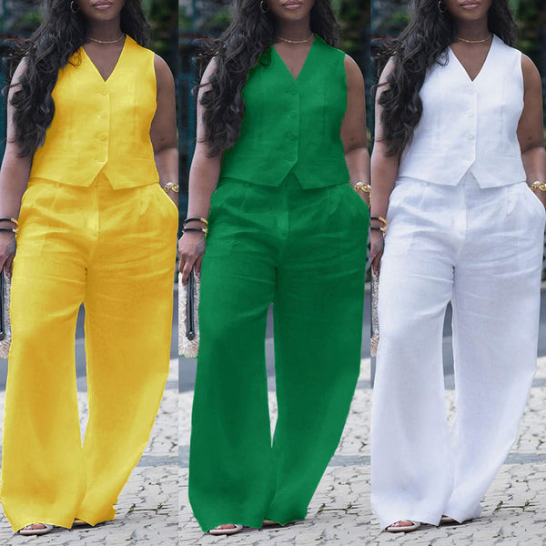 S10896 European and American V-neck vest wide-leg pants set