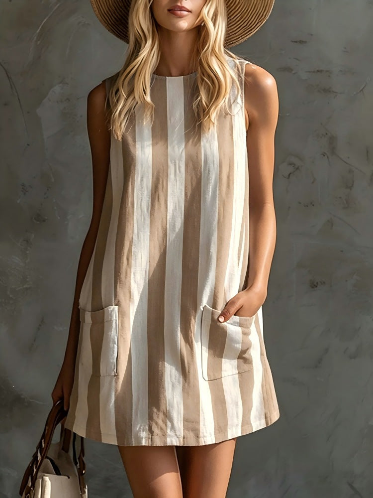 New european and american  fashion retro striped sleeveless crew neck cotton linen mini dress