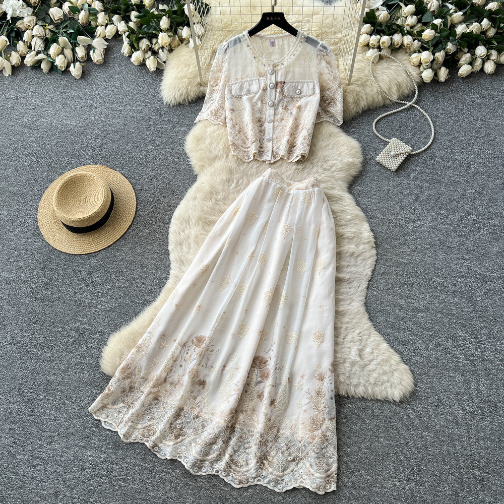 French chic floral print short sleeve embroidered two-piece set - women's summer casual slim fit age-defying outfit