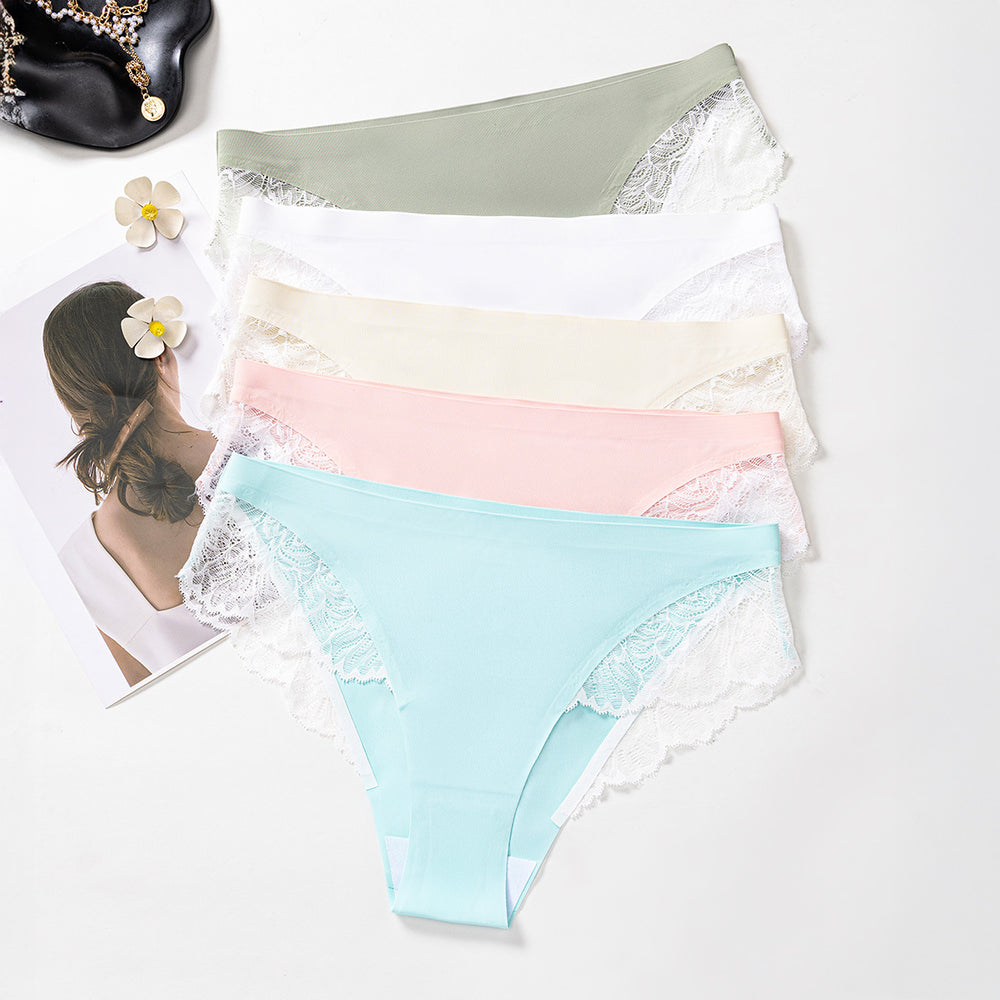 Exportfashion seamless ice silk women's low waist briefs sexylacepatchworkplaid breathable underwear women
