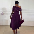 European and american cross-border women's fashion:  summer new arrival - elegant one-shoulder midi dress with cinched waist and short sleeves