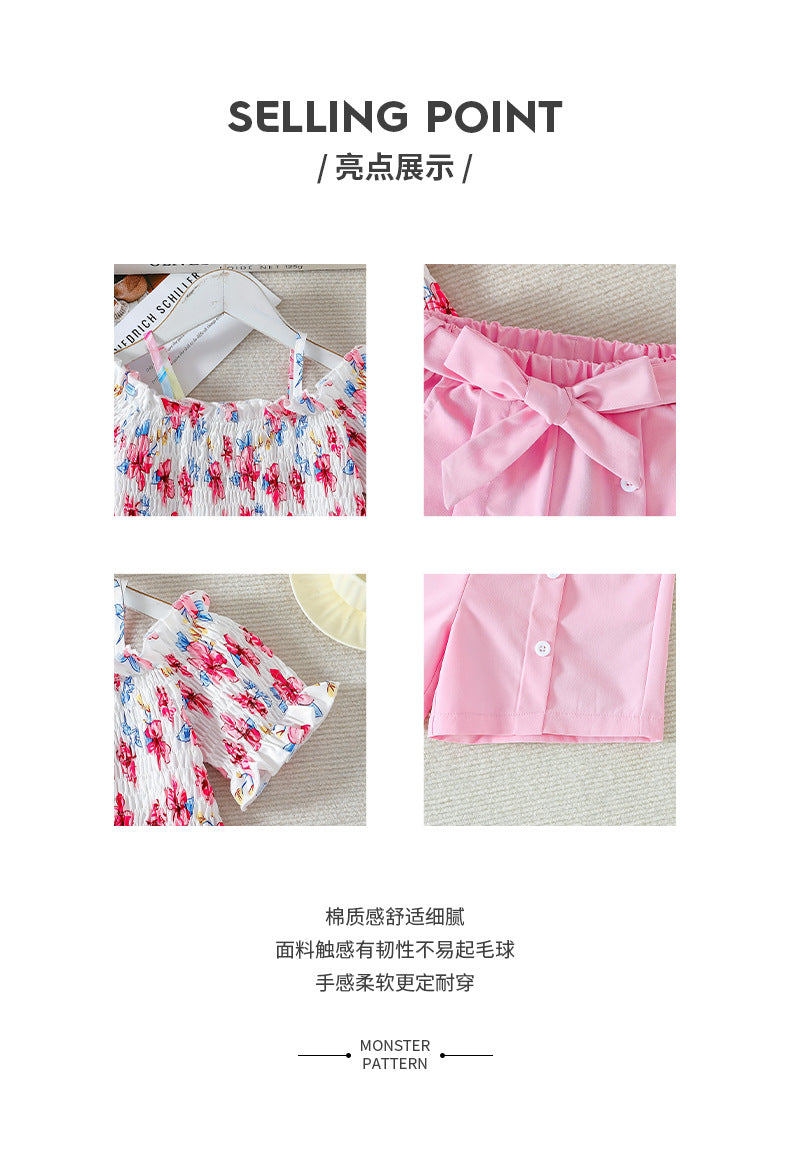summergirlsuit pink shorts floral suspender topschildrenk-style short-sleeved two-piece set