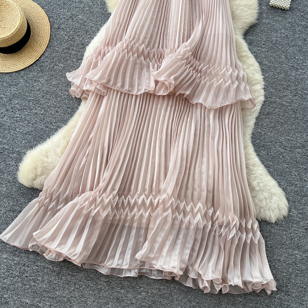 French halter sleeveless backless pleated dress women's summer k-stylehigh waist cake skirt fairy holiday style long skirt