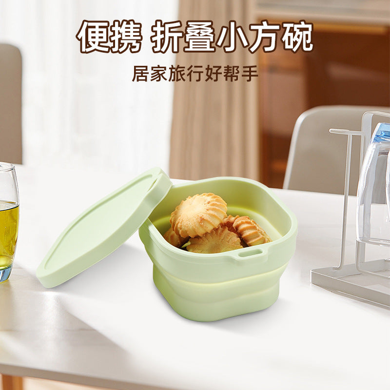 Portable outdoor travel silicone foldable small square bowl lunch box cutlery set food grade silicone instant noodle bowl