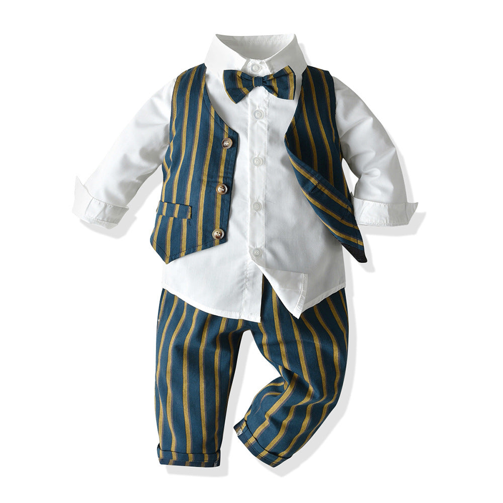 New arrival: boys' spring/autumn outfit - striped vest, cotton white shirt, and trousers suit - perfect for performances and everyday wear
