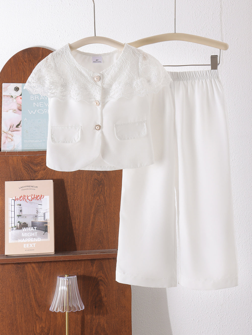 Children's clothing shein cross-border girl suitwhitetops+pantstwo-piece set
