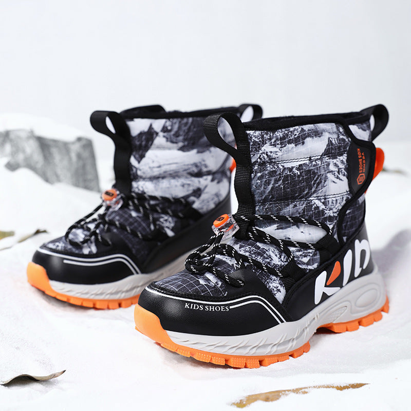 Children's snow boots winter new middle-aged and older children's outdoor velvet thermal cotton shoes high-top boys' Jinjiang boots