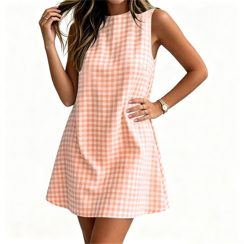 european and american cross-border  summer new women's plaid round neck sleeveless back zipper casual dress