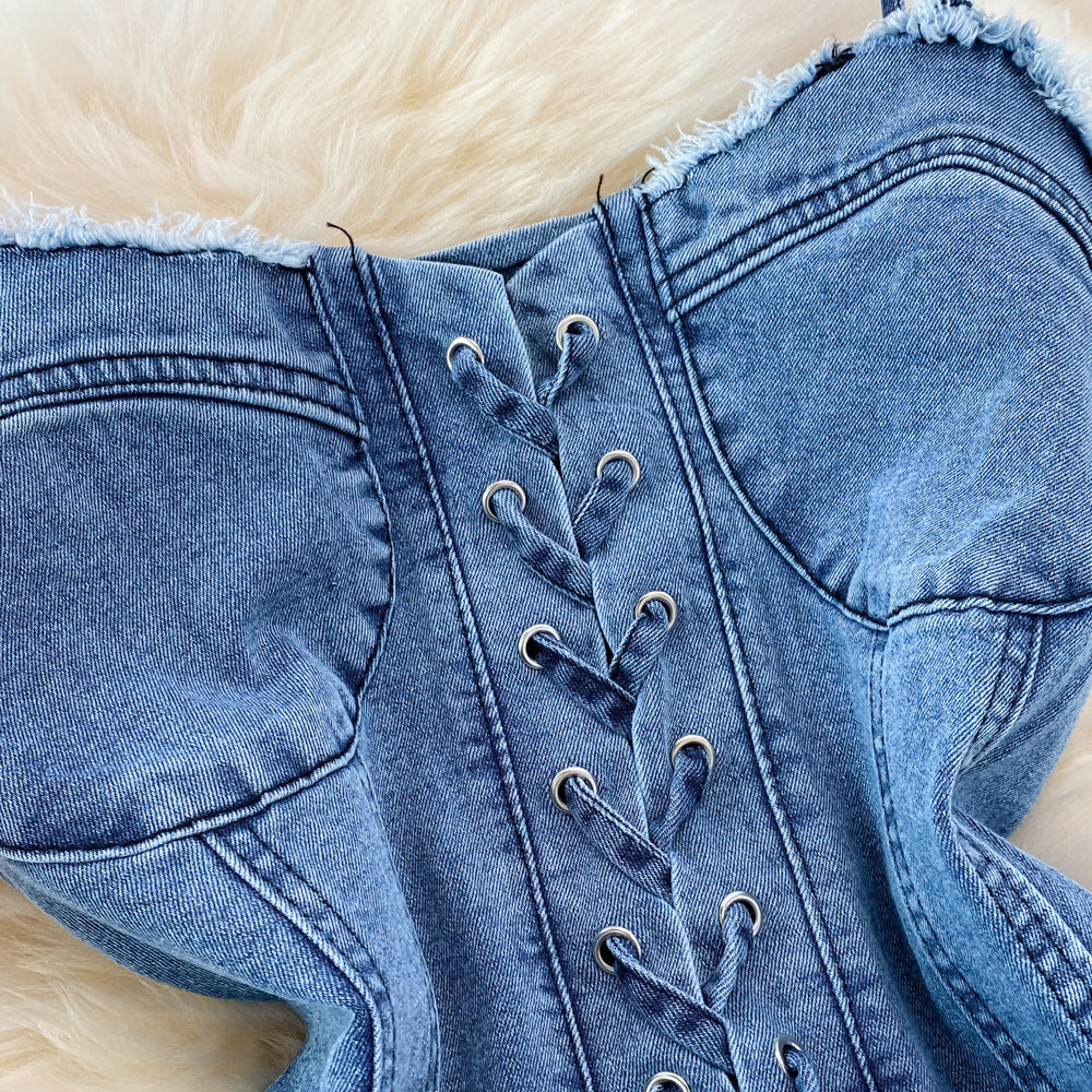 summer new arrival: tie-waist, slim-fit, backless, sleeveless, sexy & sweet spicy denim a-line dress for women