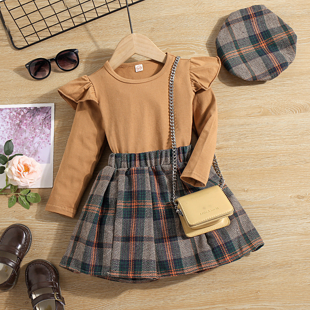 European and american style autumn outfit: girls' ribbed knit pullover top, plaid pleated skirt, and hat three-piece set for cross-border e-commerce