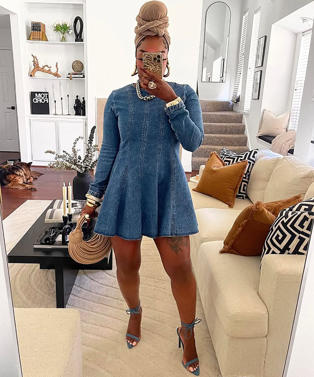 European and american style pleated denim a-line skirt -  cross-border women's fashion - new autumn/winter trendy patchwork denim dress