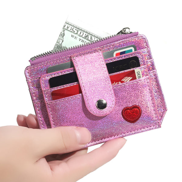 Laser pu card bag female love embroidery female zipper buckle change bag mini wallet card bag access control card cover