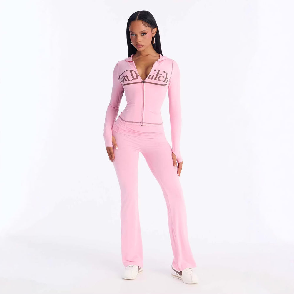 European and american  new fashion sporty slim-fit printed letter long sleeve jacket and tight-fitting pants two-piece tracksuit set