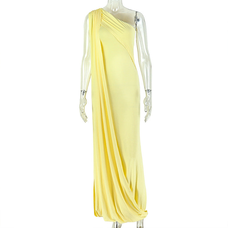 European and american style cross-border women's slimming elegant asymmetrical neckline banquet design bodycon dress with tie-up sleeveless solid color dress