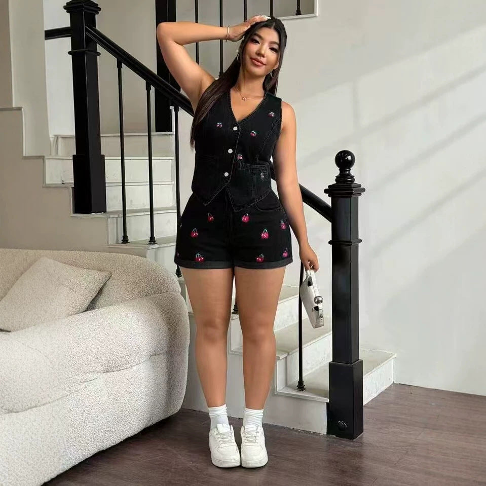 European and american cross-border denim set for women - cherry embroidered cardigan vest outfit, sleeveless v-neck top + shorts, trendy hot girl style